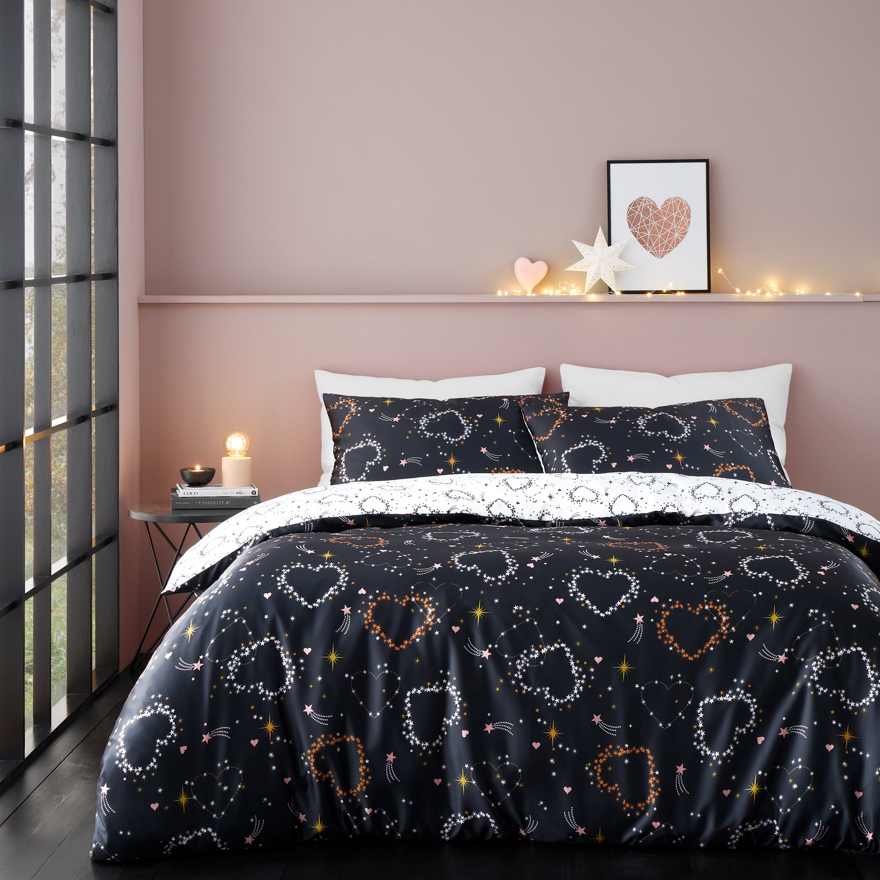 Cosmic Hearts And Stars Reversible Duvet Cover Set, Black