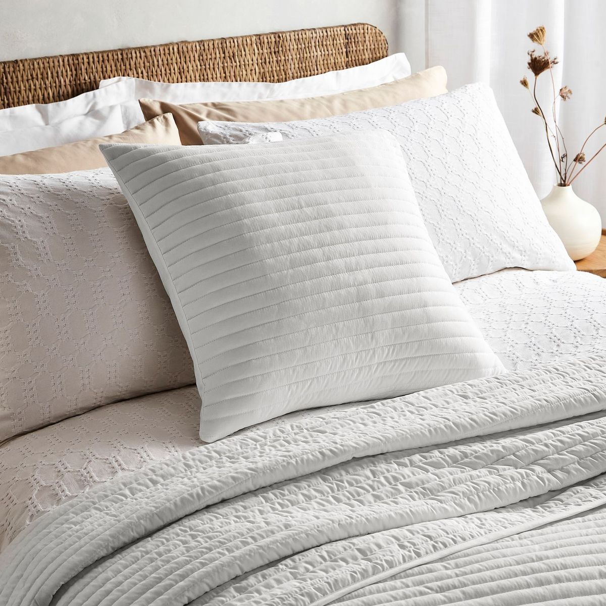Quilted Lines Filled Cushion, White