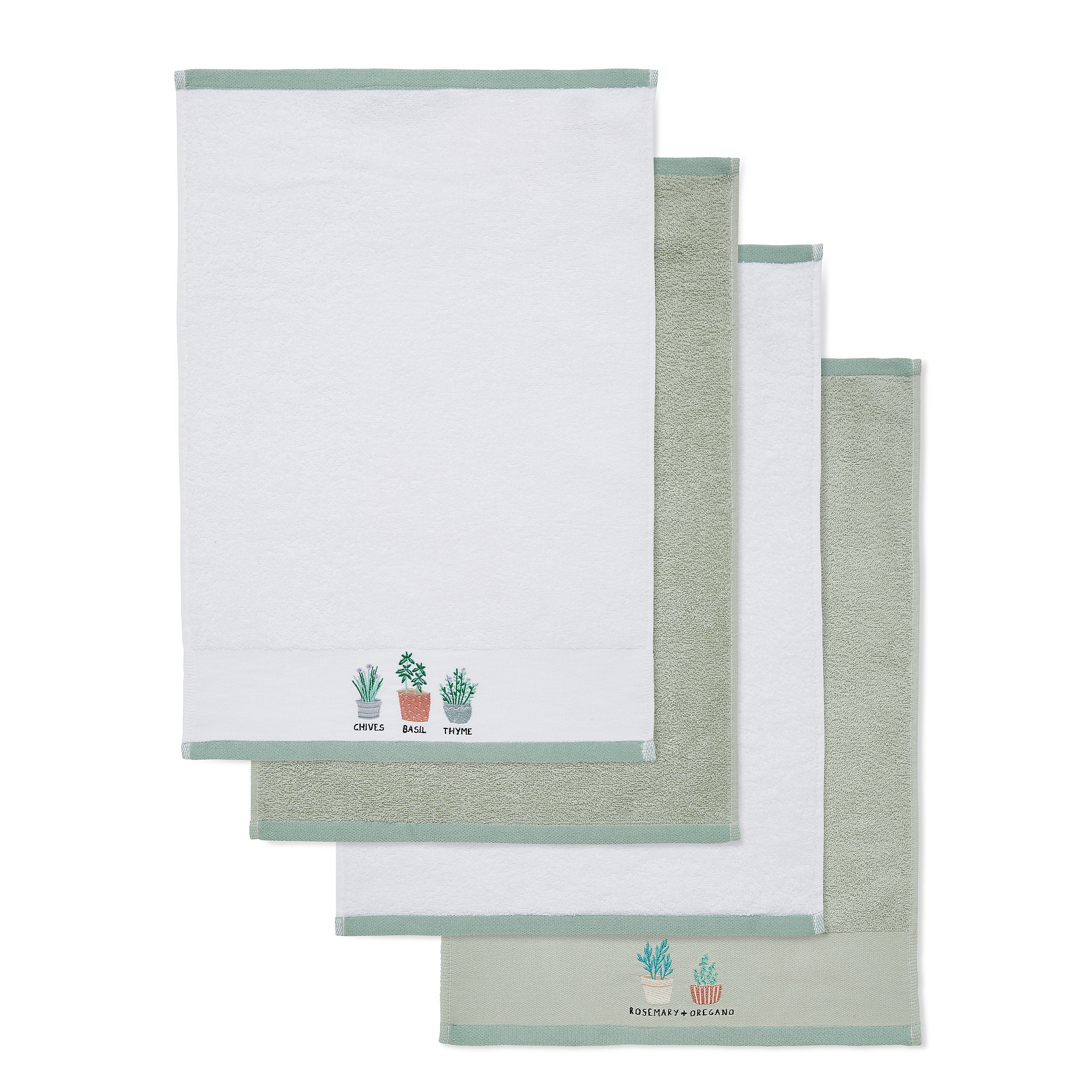 Mixed Herbs Pack of 4, Tea Towels (Green and White)