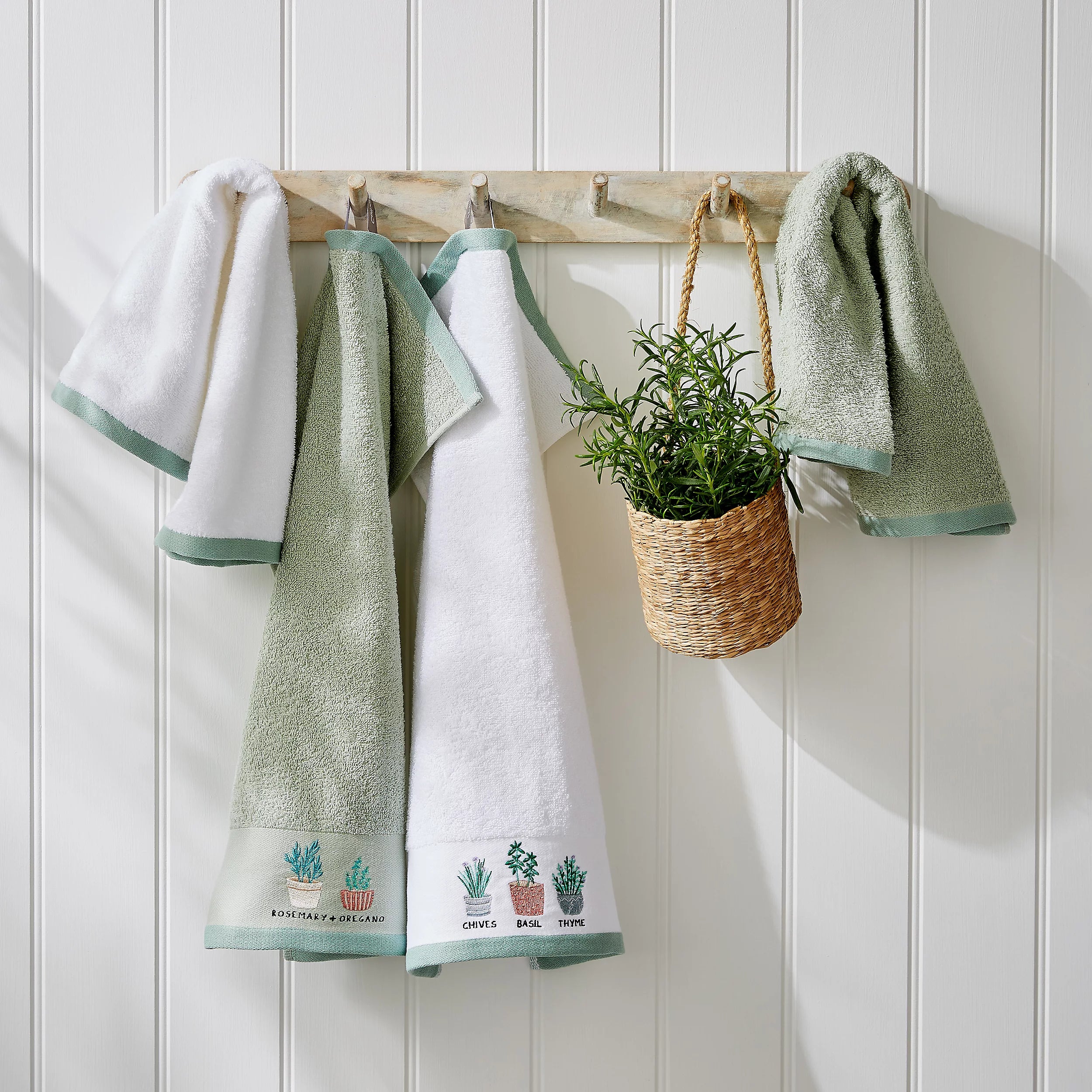 Mixed Herbs Pack of 4, Tea Towels (Green and White)