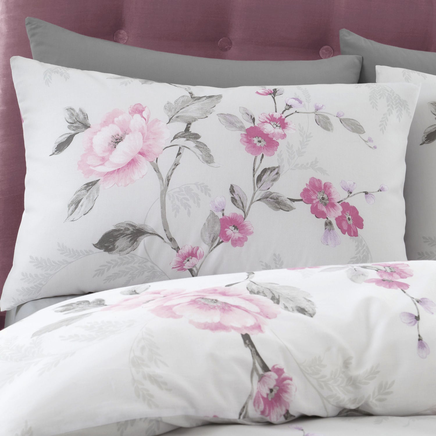 Floral Trail Reversible Duvet Cover Set, Grey/Pink