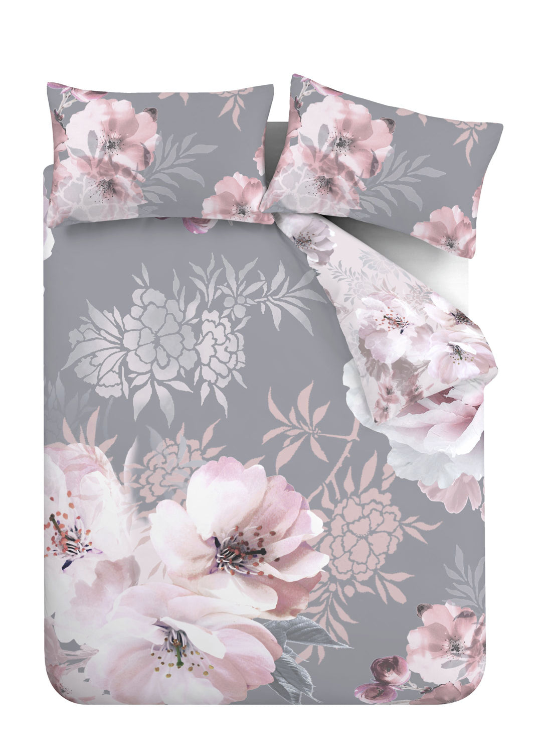 Dramatic Floral Reversible Duvet Cover Set, Grey