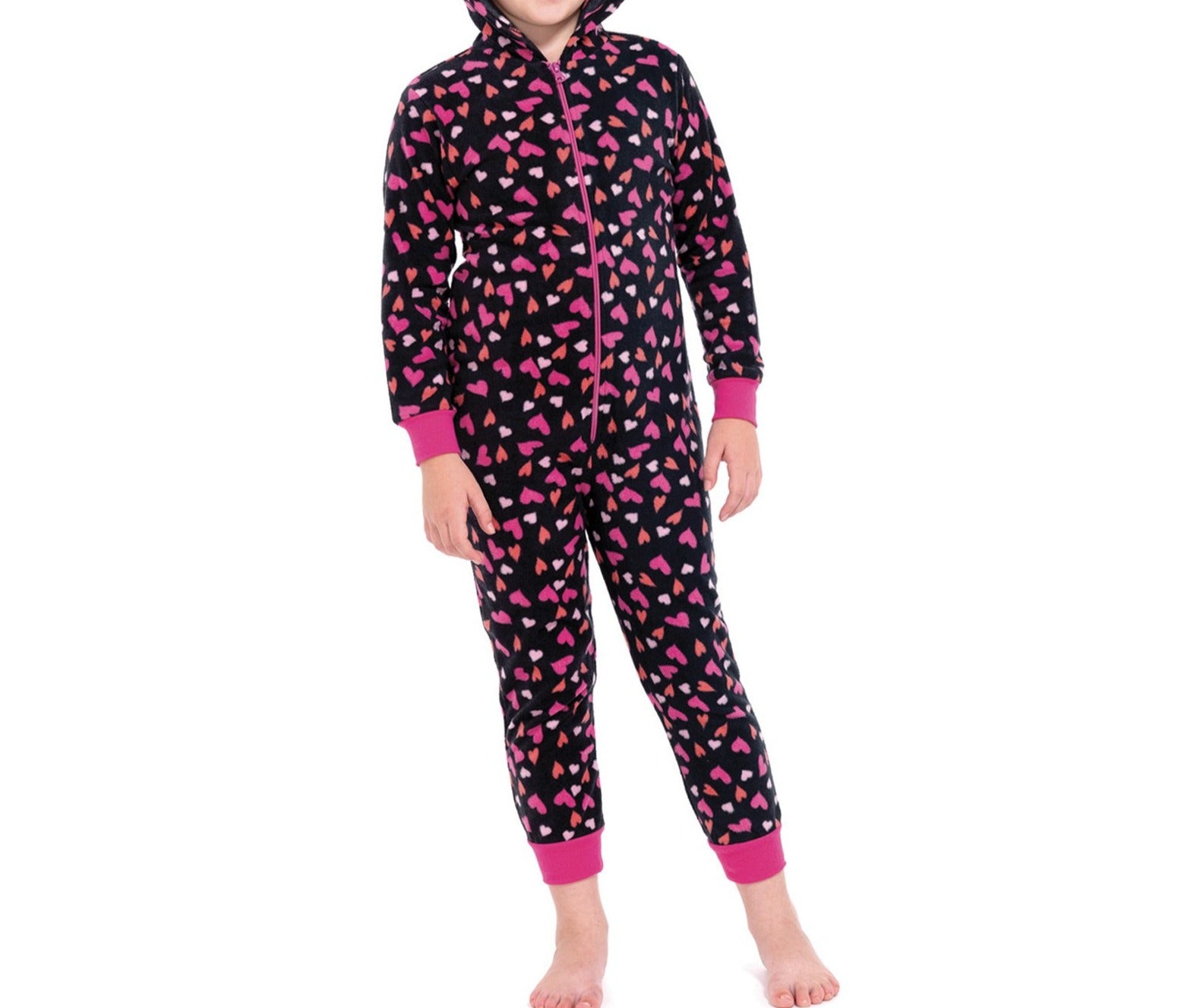 Mono de Pijama con Capucha Estampado de Corazones para Niñas, Negro y Rosa