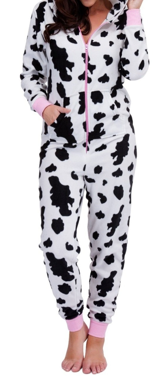 Sleepwear Ladies Cow Print Hooded Onesie