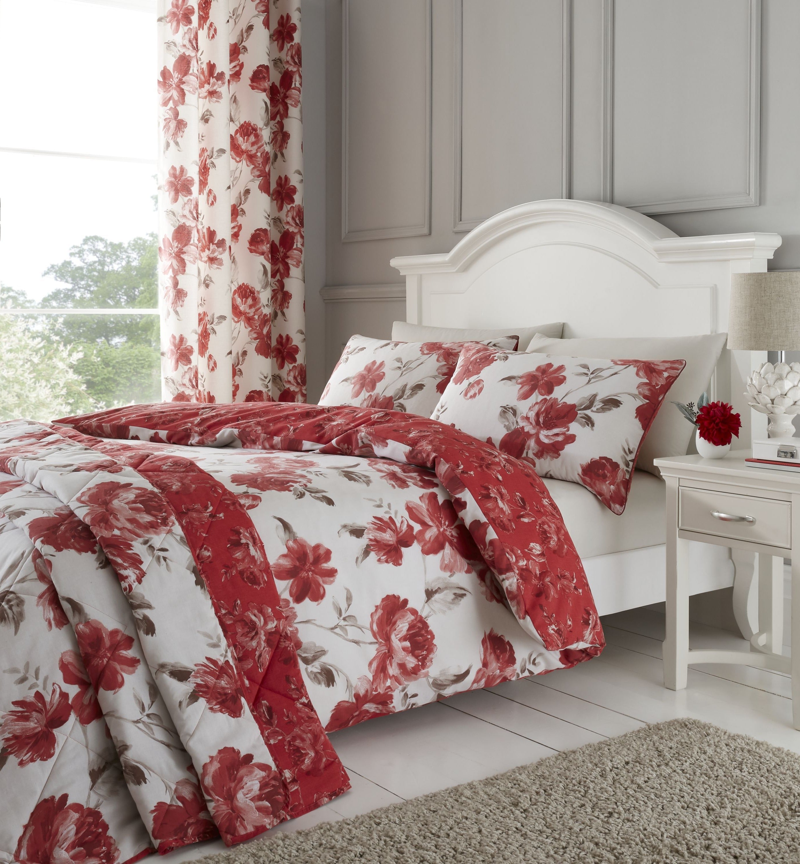 Painted Floral Reversible Duvet Cover Set, Red