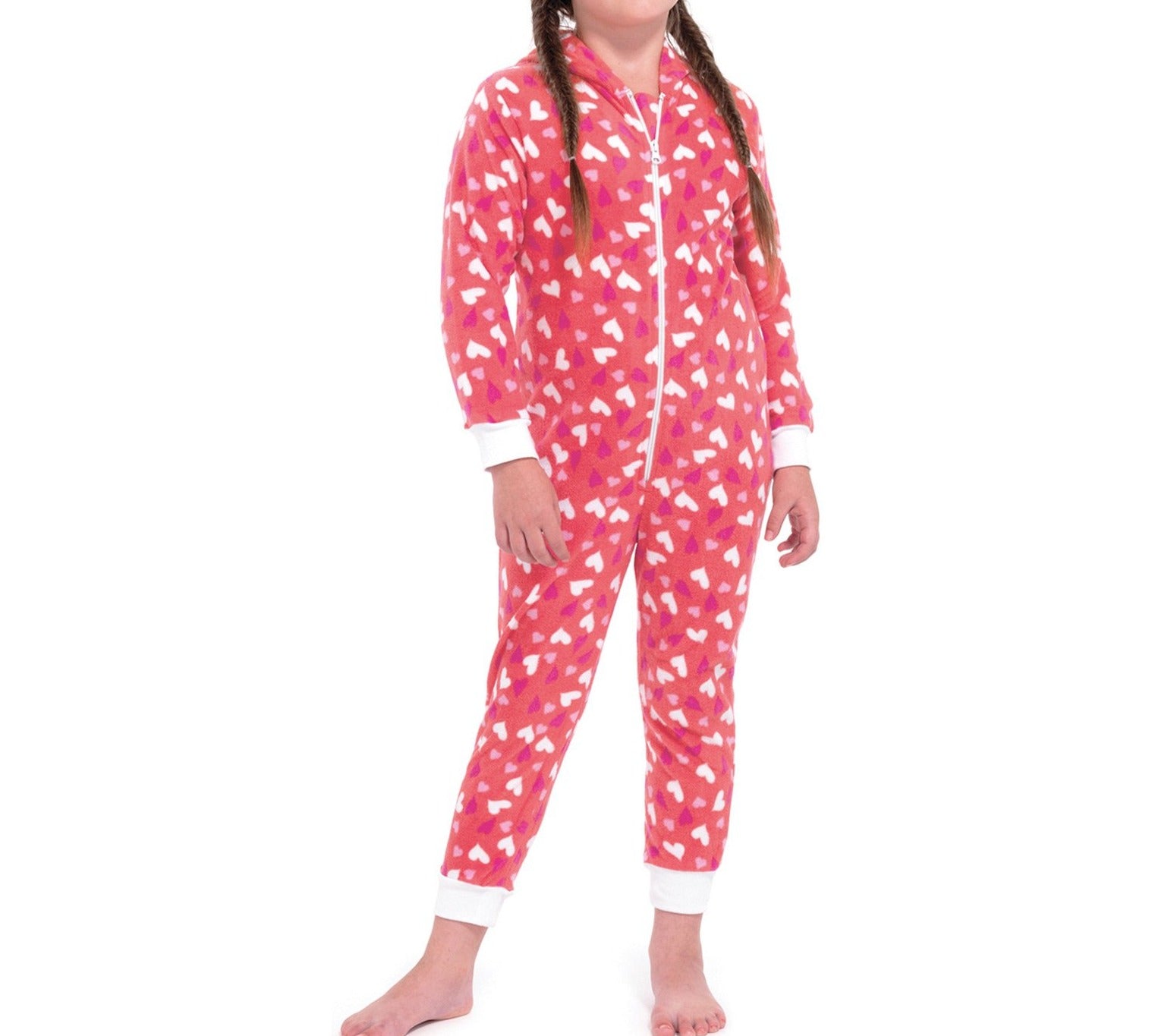 Mono de Pijama con Capucha Estampado de Corazones para Niñas, Rosa